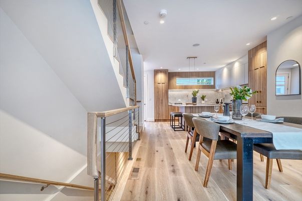 Dining room, Interior, Kitchen, Pendant Lights, Recessed Lighting, Wood Texture Flooring