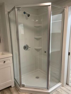 Bathroom, Glass Shower, Interior, Wood Texture Flooring