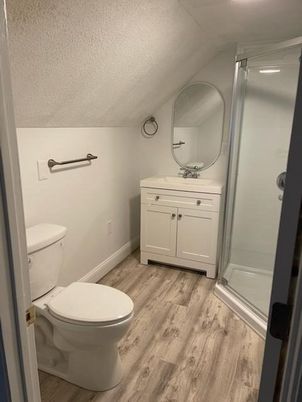 Bathroom, Glass Shower, Interior, Wood Texture Flooring