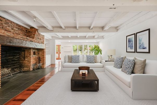 Fireplace, Interior, Living room, Recessed Lighting, Stone Walls, Wood Texture Flooring