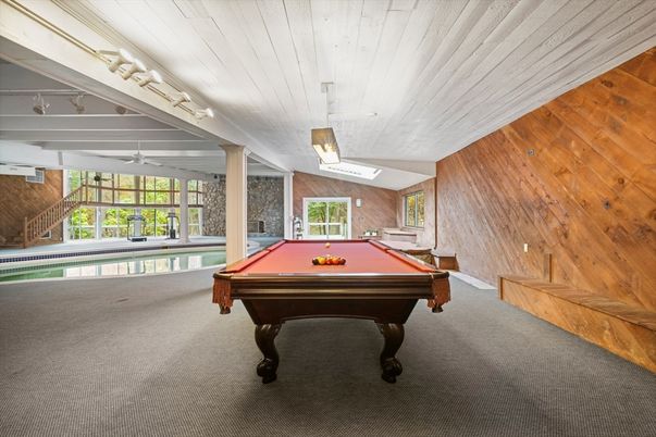 Billiard Table, Game Room, Interior, Pendant Lights, Wooden Walls