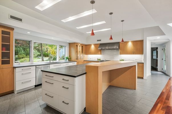 Interior, Kitchen, Pendant Lights, Recessed Lighting, Stainless Steel Appliances, Wood Texture Flooring