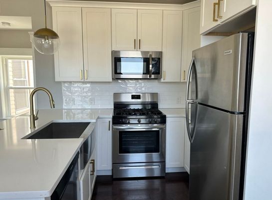 Interior, Kitchen, Pendant Lights, Stainless Steel Appliances, Wood Texture Flooring