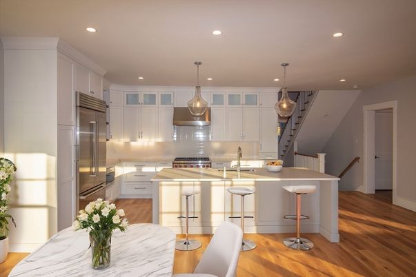 Interior, Kitchen, Pendant Lights, Recessed Lighting, Stainless Steel Appliances, Wood Texture Flooring