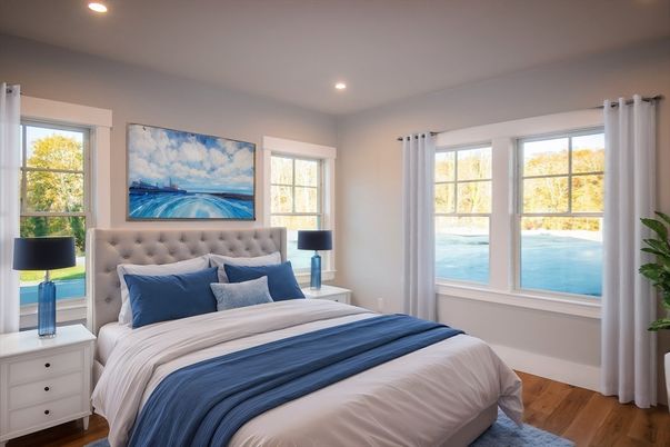 Bedroom, Interior, Recessed Lighting, Water, Wood Texture Flooring