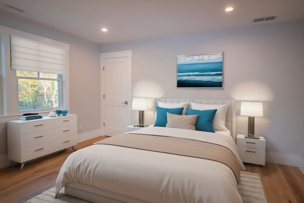 Bedroom, Interior, Recessed Lighting, Wood Texture Flooring