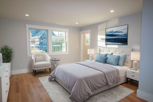 Bedroom, Interior, Recessed Lighting, Wood Texture Flooring