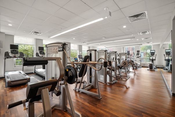 Fitness Equipment, Gym, Interior, Recessed Lighting, Wood Texture Flooring
