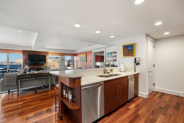 Interior, Kitchen, Living room, Recessed Lighting, Stainless Steel Appliances, Wood Texture Flooring