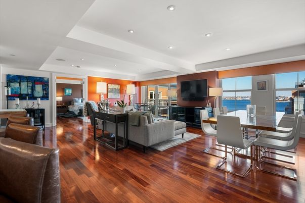 Dining room, Interior, Living room, Recessed Lighting, Water, Wood Texture Flooring