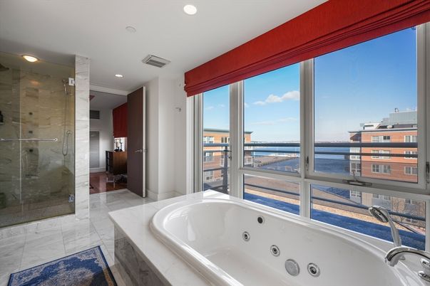 Bathroom, Glass Shower, Interior, Marble, Recessed Lighting, Water