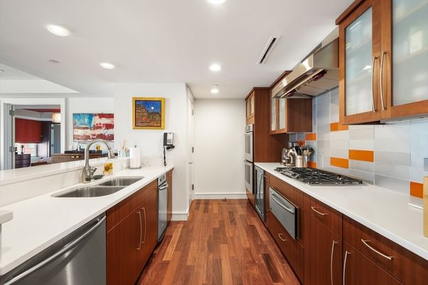 Interior, Kitchen, Recessed Lighting, Stainless Steel Appliances, Wood Texture Flooring