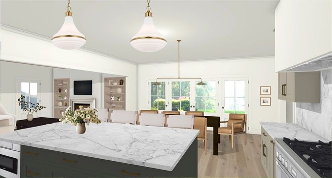 Dining room, Fireplace, Interior, Kitchen, Living room, Pendant Lights, Wood Texture Flooring