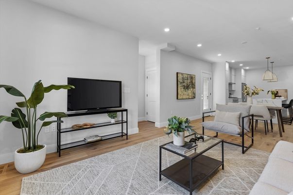Dining room, Interior, Living room, Pendant Lights, Recessed Lighting, Wood Texture Flooring