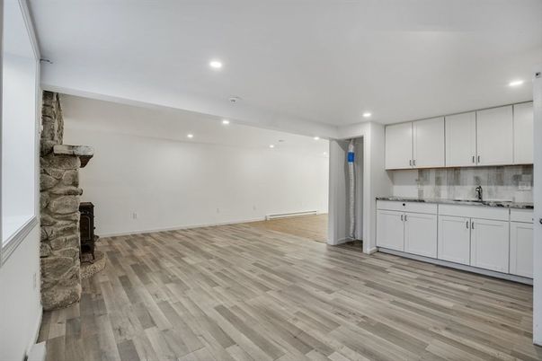 Empty room, Interior, Kitchen, Recessed Lighting, Wood Texture Flooring