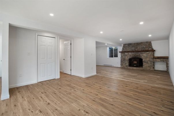 Empty room, Fireplace, Interior, Recessed Lighting, Wood Texture Flooring