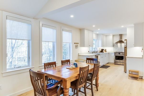Dining room, Interior, Kitchen, Recessed Lighting, Stainless Steel Appliances, Wood Texture Flooring