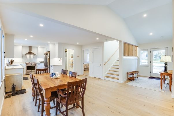 Dining room, Interior, Kitchen, Recessed Lighting, Stainless Steel Appliances, Wood Texture Flooring