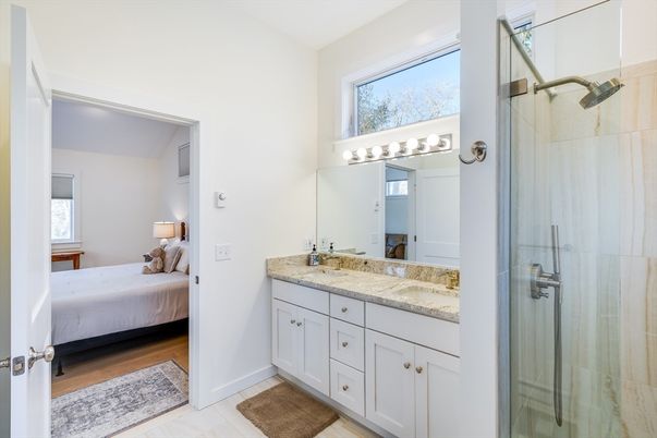 Bathroom, Bedroom, Glass Shower, Interior, Wood Texture Flooring
