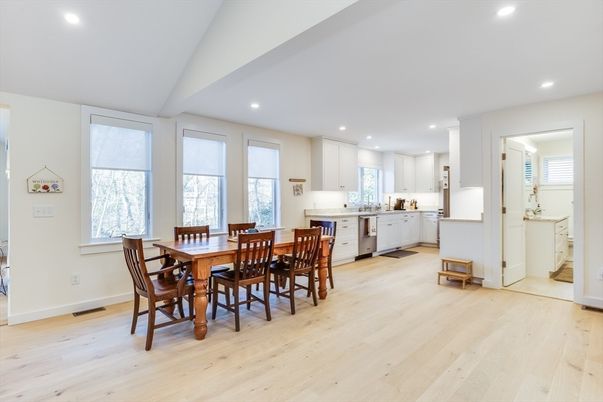 Dining room, Interior, Kitchen, Recessed Lighting, Wood Texture Flooring