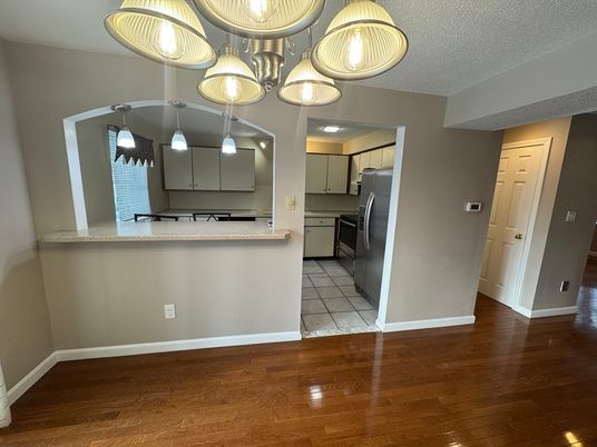 Interior, Kitchen, Pendant Lights, Stainless Steel Appliances, Wood Texture Flooring