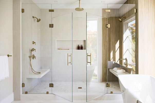 Bathroom, Free Standing Baths, Glass Shower, Interior, Marble, Pendant Lights