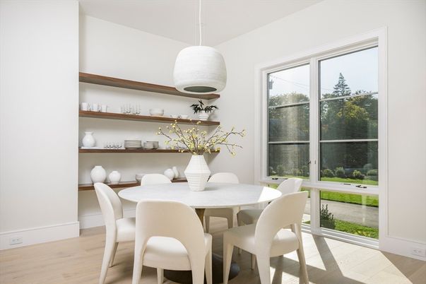 Dining room, Interior, Pendant Lights, Wood Texture Flooring