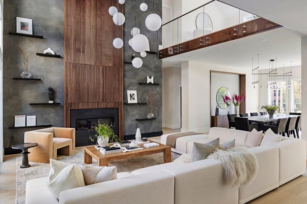 Dining room, Fireplace, Interior, Living room, Pendant Lights, Wood Texture Flooring