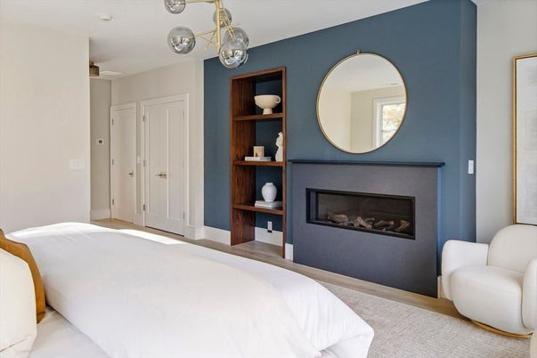 Bedroom, Fireplace, Interior, Pendant Lights