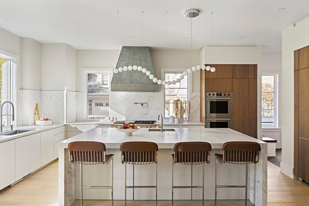 Interior, Kitchen, Marble Walls, Pendant Lights, Stainless Steel Appliances, Wood Texture Flooring