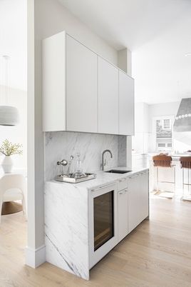 Interior, Kitchen, Marble Walls, Pendant Lights, Wood Texture Flooring