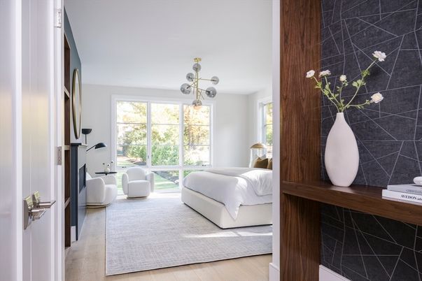 Bedroom, Interior, Pendant Lights, Wood Texture Flooring