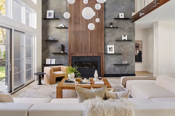 Fireplace, Interior, Living room, Pendant Lights, Wood Texture Flooring