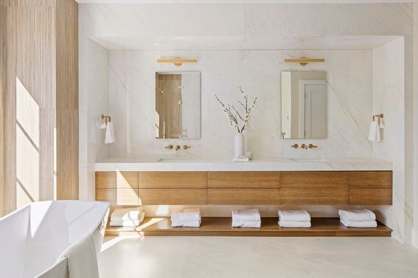 Bathroom, Dual Sink Vanities, Free Standing Baths, Interior, Marble, Marble Walls