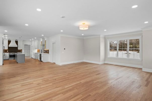 Empty room, Interior, Kitchen, Recessed Lighting, Wood Texture Flooring