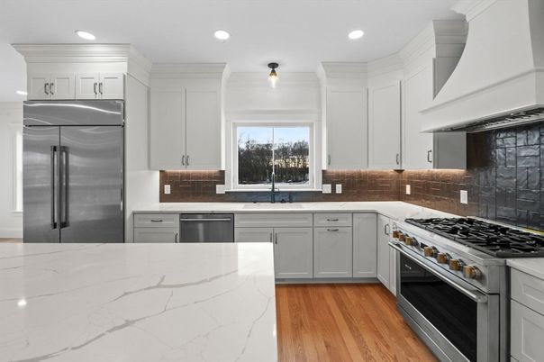 Interior, Kitchen, Recessed Lighting, Stainless Steel Appliances, Wood Texture Flooring