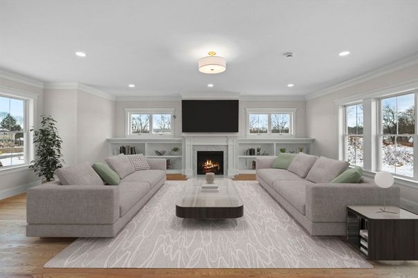 Fireplace, Interior, Living room, Recessed Lighting, Wood Texture Flooring