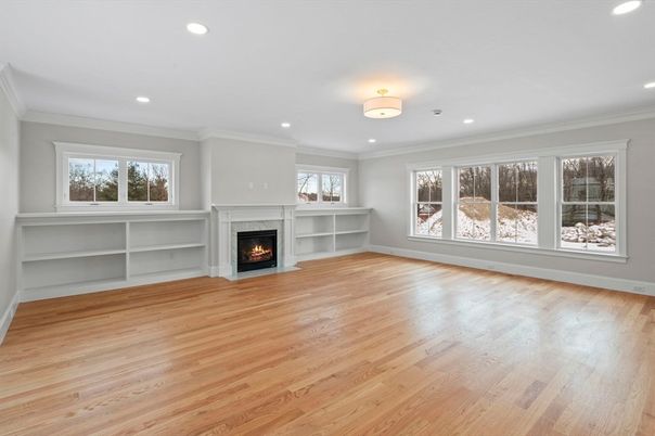 Empty room, Fireplace, Interior, Recessed Lighting, Wood Texture Flooring