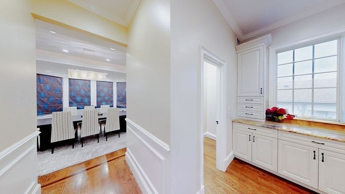 Dining room, Interior, Recessed Lighting, Wood Texture Flooring