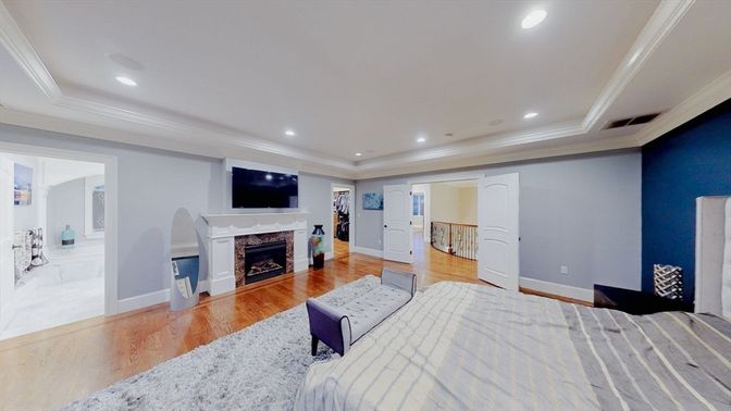Bedroom, Fireplace, Interior, Marble, Recessed Lighting, Wood Texture Flooring