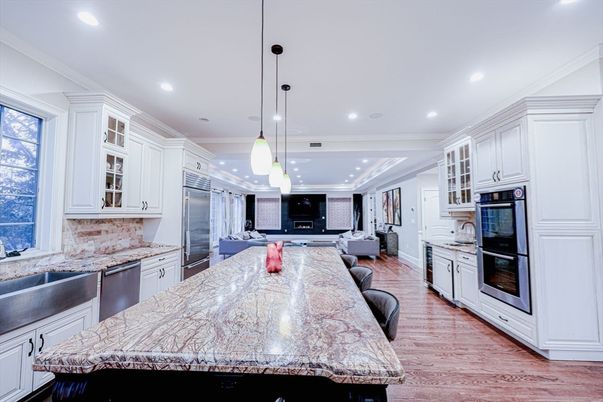 Interior, Kitchen, Pendant Lights, Recessed Lighting, Stainless Steel Appliances, Wood Texture Flooring