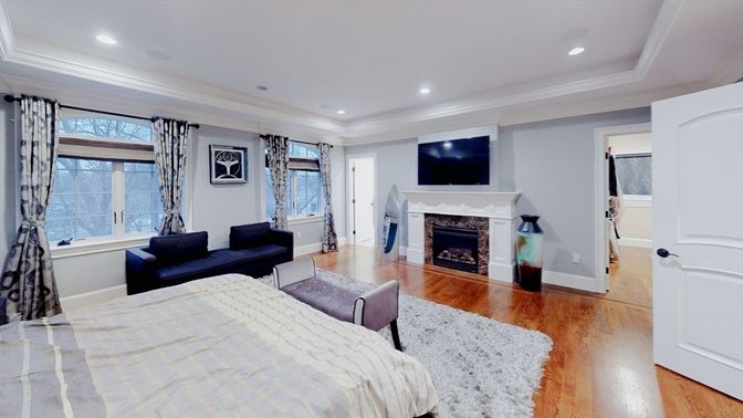 Bedroom, Fireplace, Interior, Recessed Lighting, Wood Texture Flooring