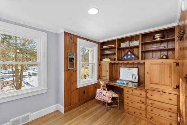 Home Office, Interior, Recessed Lighting, Wood Texture Flooring, Wooden Walls