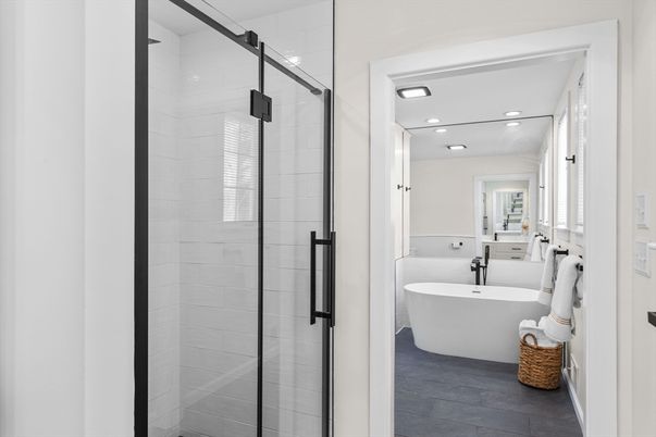 Bathroom, Free Standing Baths, Glass Shower, Interior, Recessed Lighting