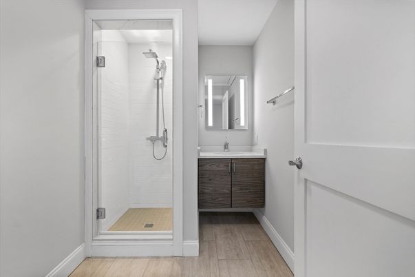Bathroom, Glass Shower, Interior, Wood Texture Flooring