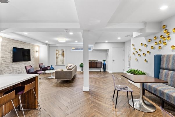 Dining room, Interior, Living room, Recessed Lighting, Stone Walls, Wood Texture Flooring