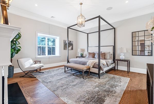 Bedroom, Fireplace, Interior, Pendant Lights, Recessed Lighting, Wood Texture Flooring
