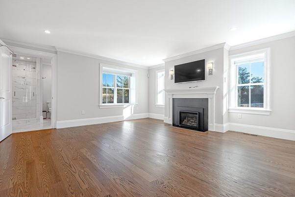 Bathroom, Empty room, Fireplace, Interior, Recessed Lighting, Wood Texture Flooring