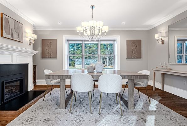Chandelier, Dining room, Fireplace, Interior, Recessed Lighting, Wood Texture Flooring