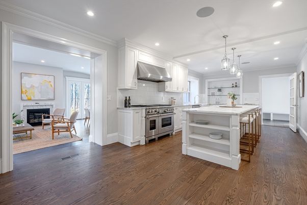 Fireplace, Interior, Kitchen, Living room, Pendant Lights, Recessed Lighting, Stainless Steel Appliances, Wood Texture Flooring
